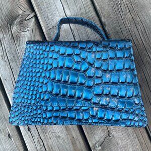 Vintage Blue Croc Embossed Handbag Structured Top Handle Retro Statement